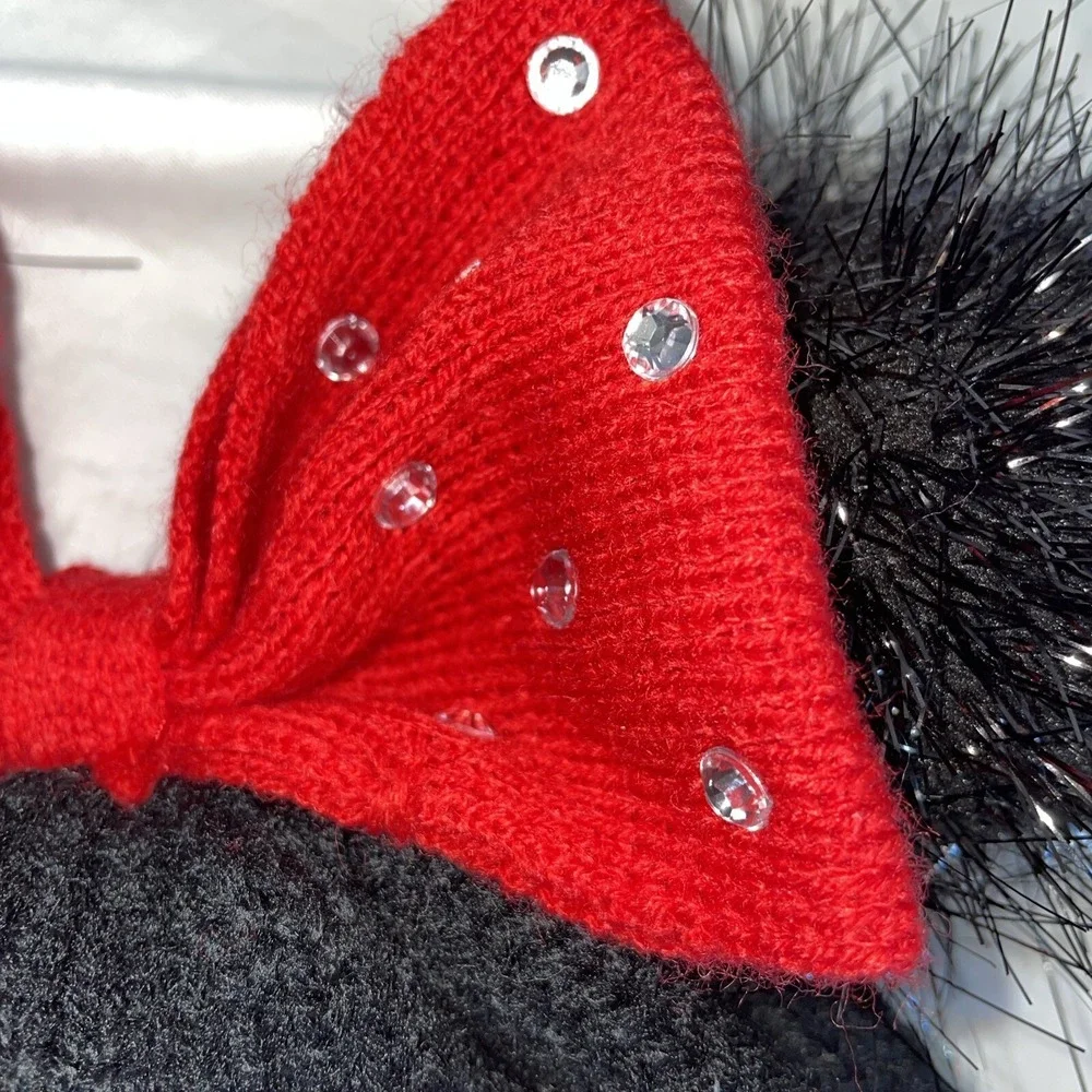 Disney Minnie Mouse Beanie Black Sparkling Fuzzy‎ Ears Red Bow With  Rhinestones